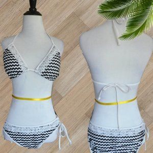 BLACK STRIPE LACE TRIM TWO PIECE SWIMSUIT